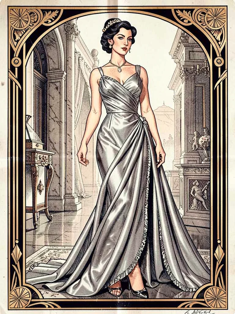 Statuesque silver gown train