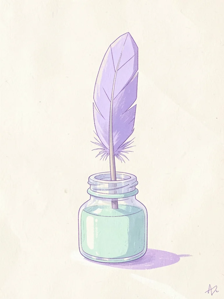 Standing-tall lavender lowpoly ink quill in a mint inkwell, faceted feather barb