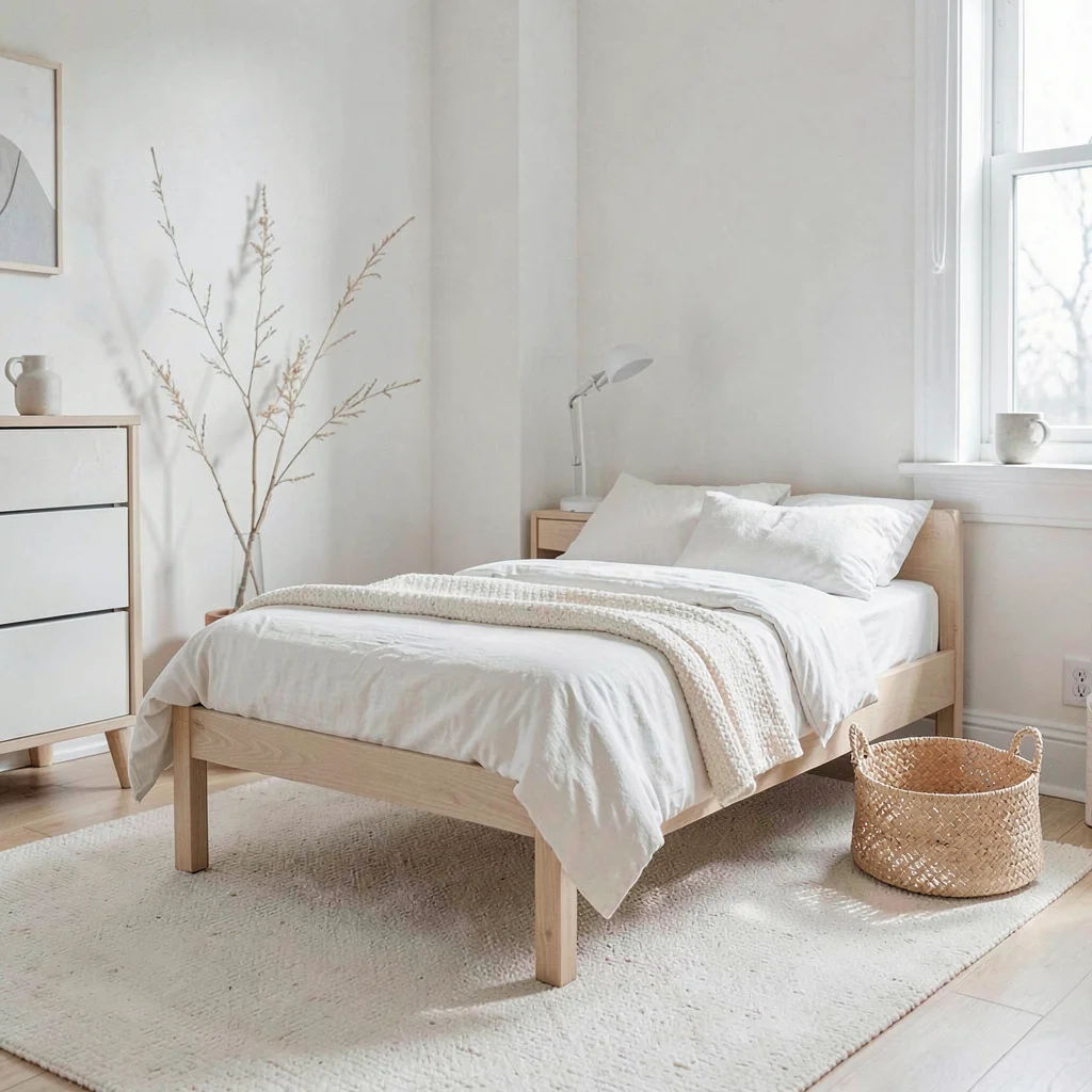Minimal staged child's room with a single twin bed, a small woven basket and a c