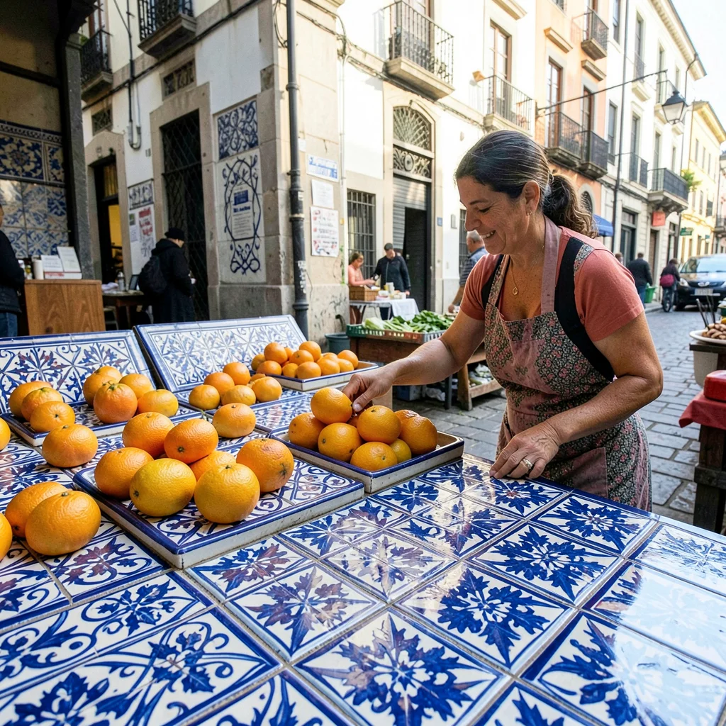 Azulejo tile geometry, Portuguese ceramic culture, Market vendor arranging orang