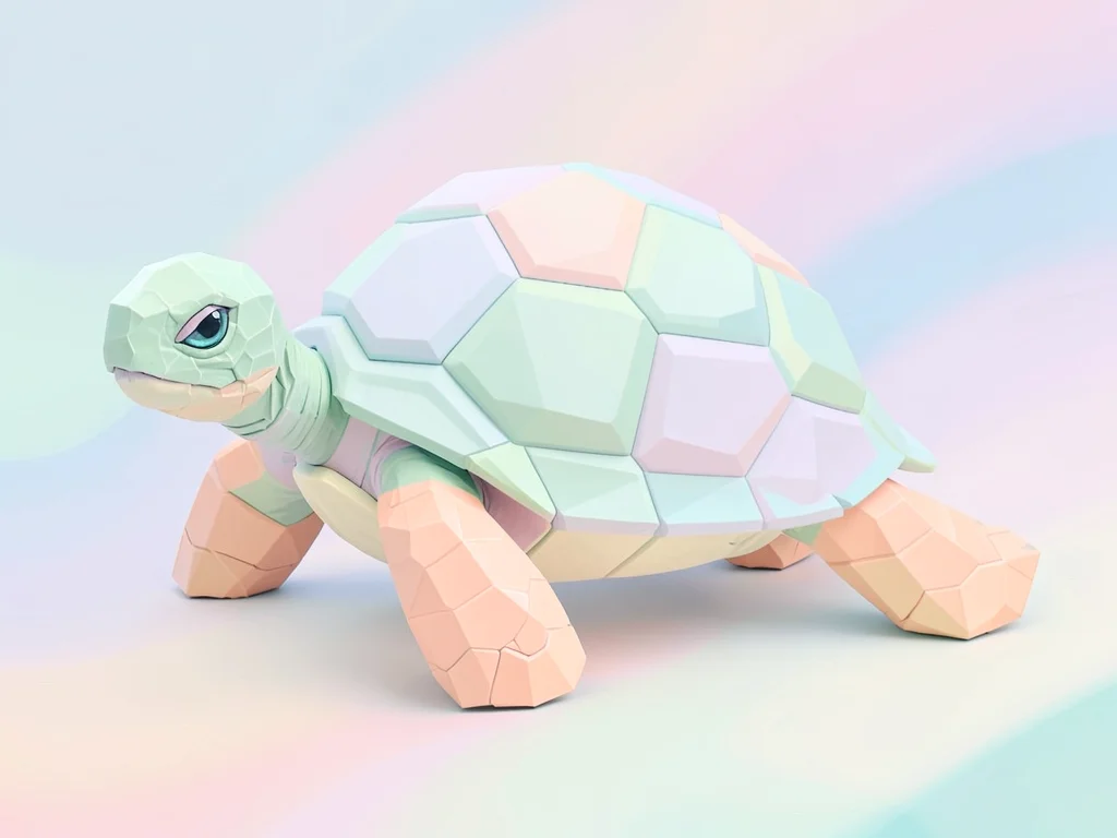 Shelled mint lowpoly turtle with a chunky faceted shell of pastel hexagons and p