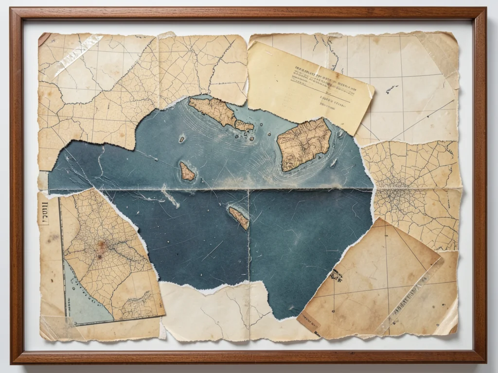 Torn vintage map fragments reassembled wrong, ocean pieces where land should be,