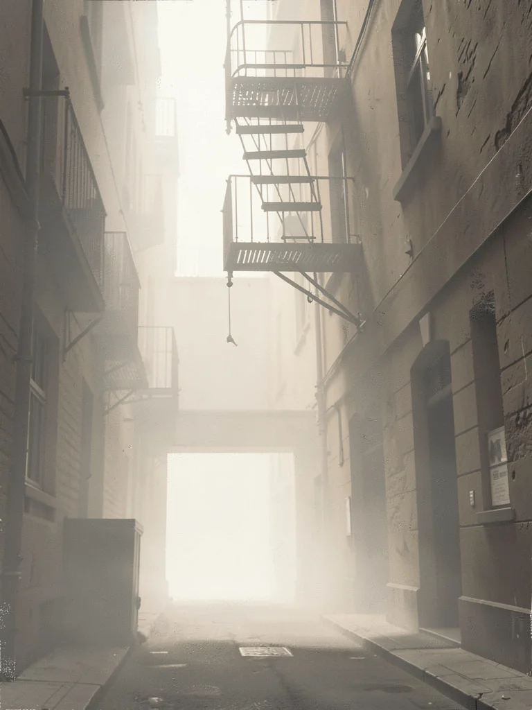 Fire-escape ladder hanging off a tenement wall, the alley below a pale slot, no 