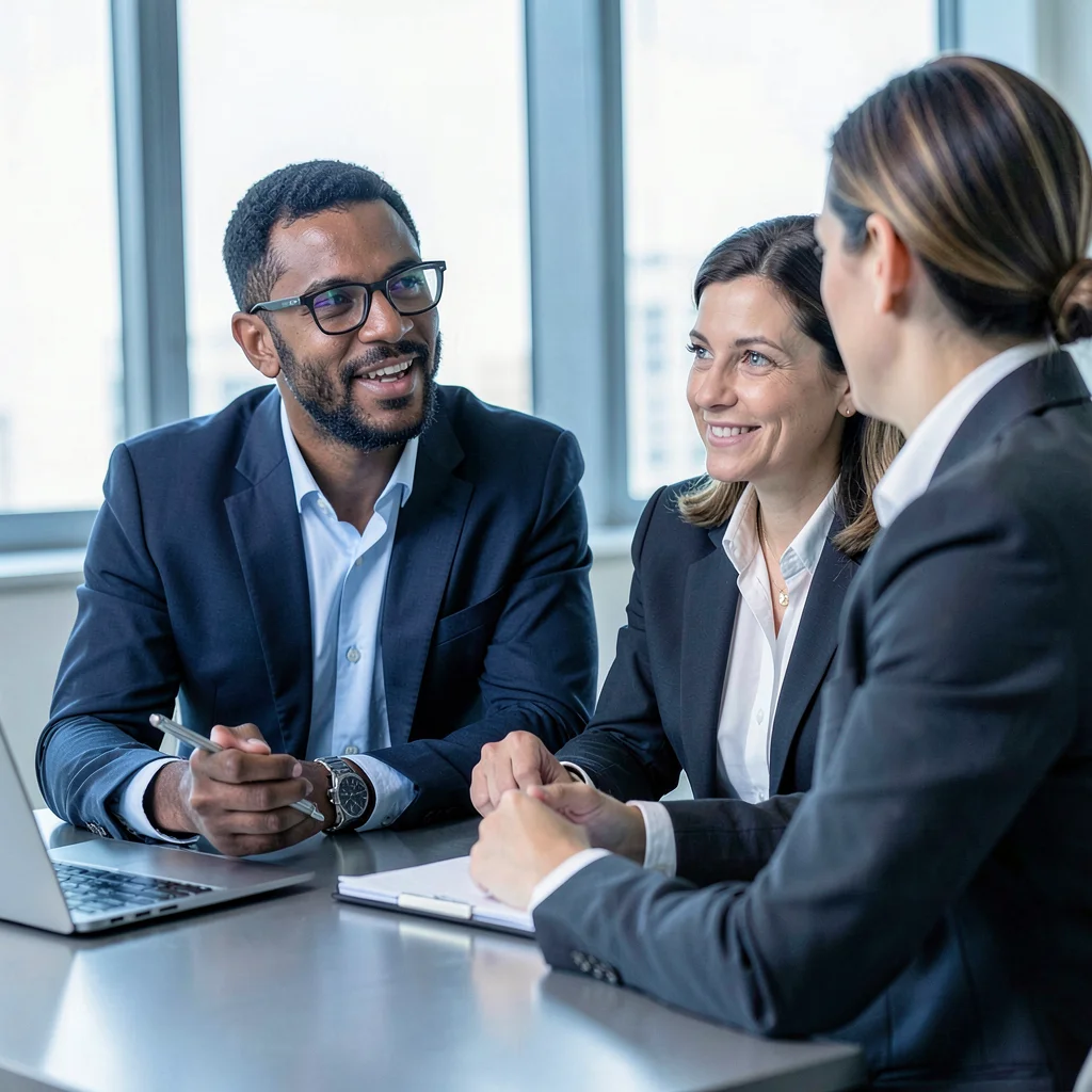 Editorial photograph, Financial advisor meeting with client, both looking at scr