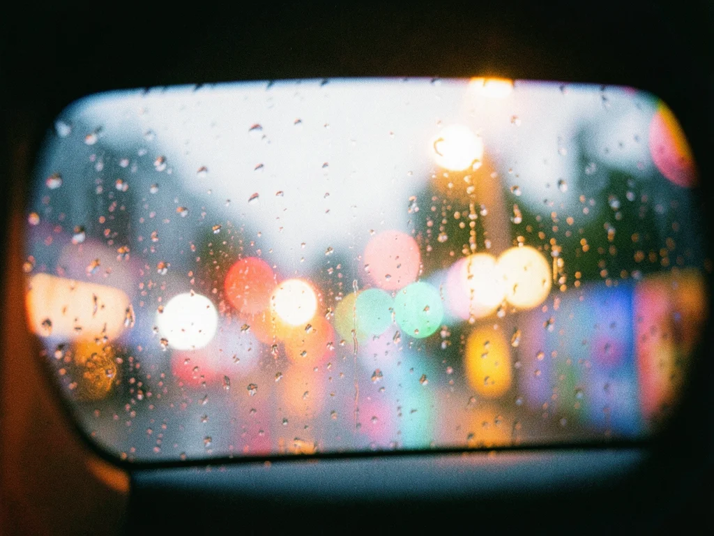 A rainy window from inside a car, raindrops refracting colored lights beyond, ev