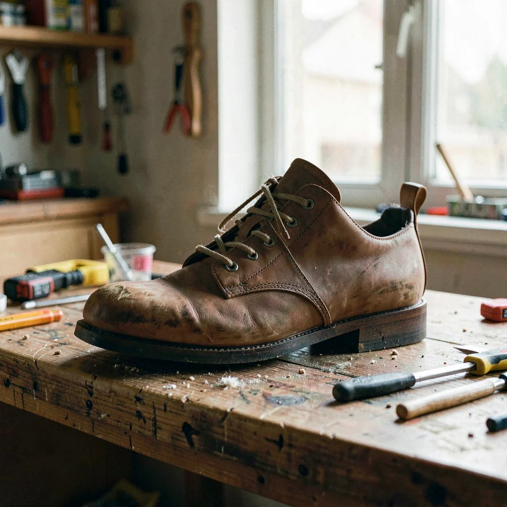 Atmospheric of a workbench mid-project with a half-built shoe and scattered tool