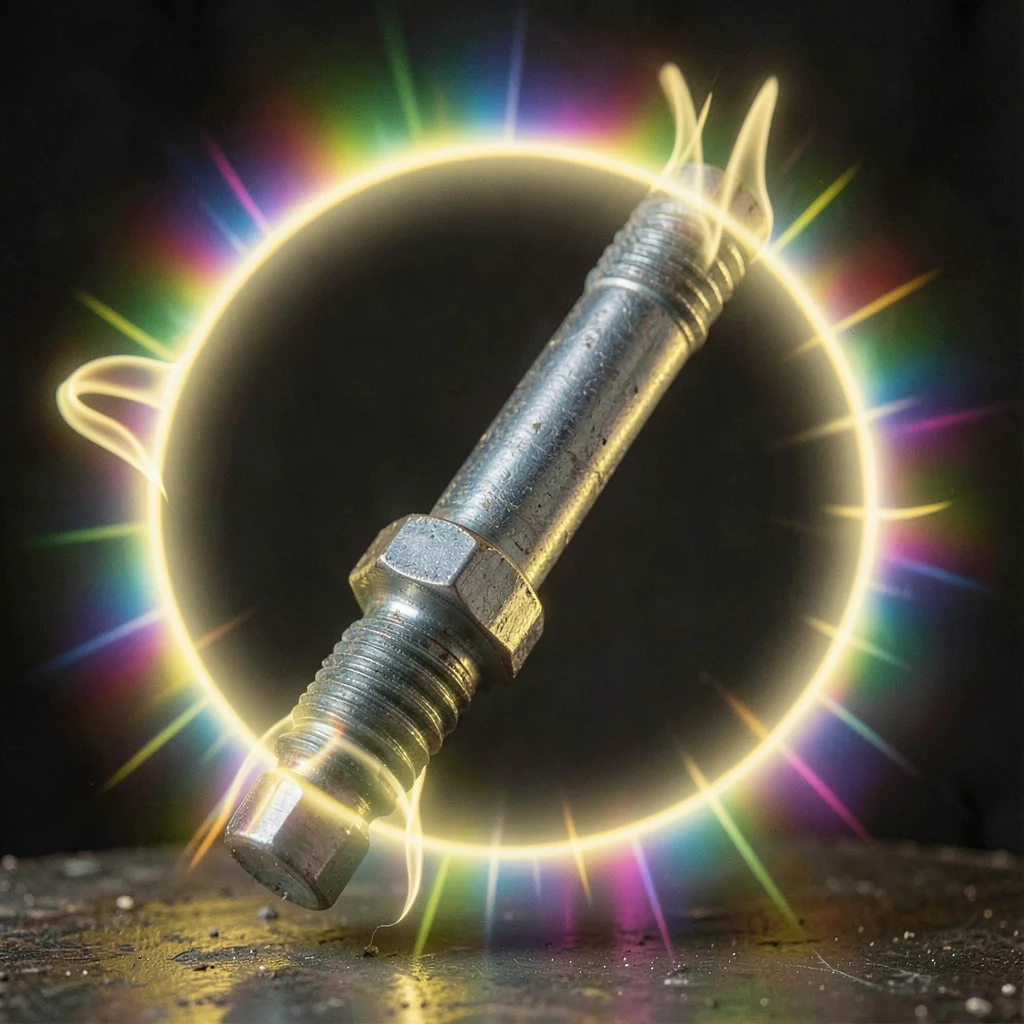 A metal bolt and nut, industrial and mundane, transformed by yellow-white discha