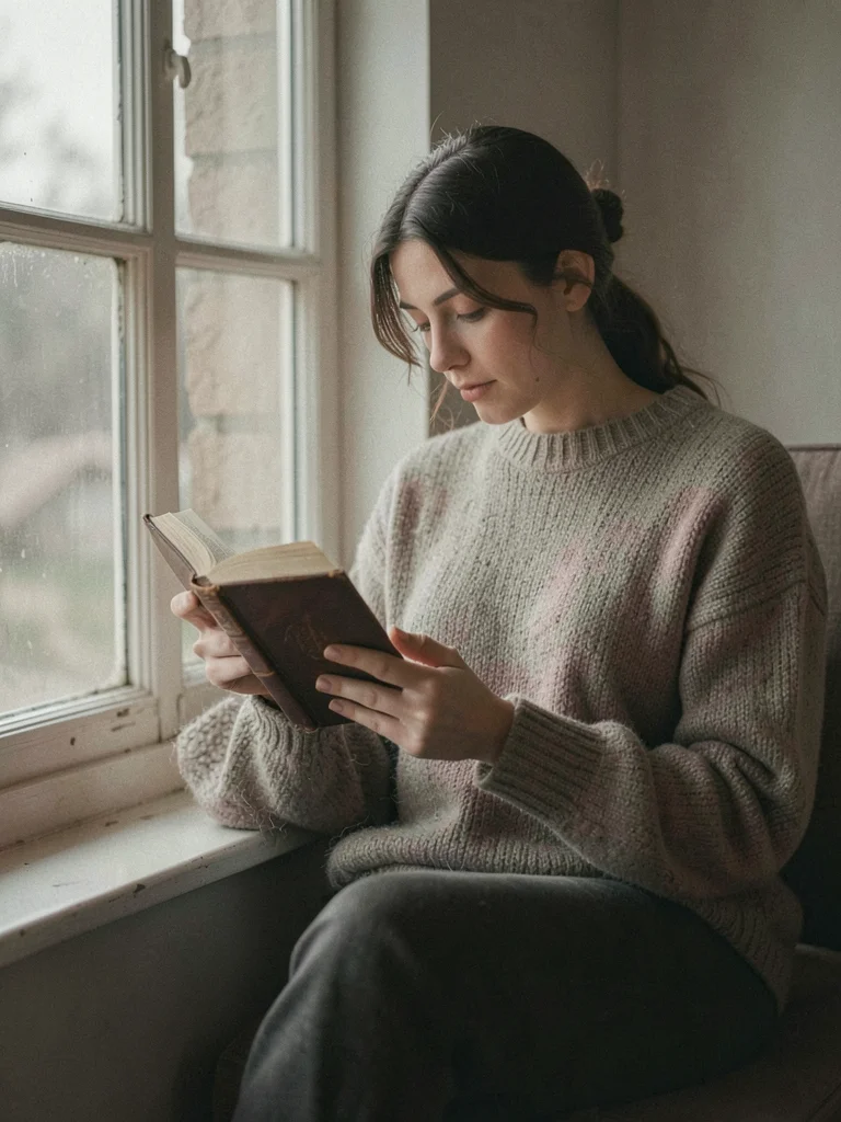 Woman reading a leather-bound book in a window seat, her sweater the color of we