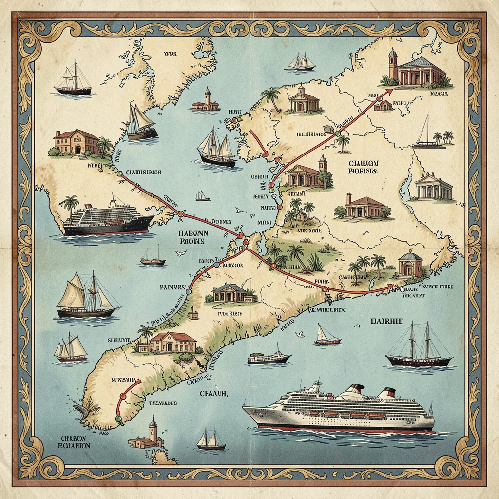Illustrated map illustration, Cruise ship route through Caribbean ports , pictor