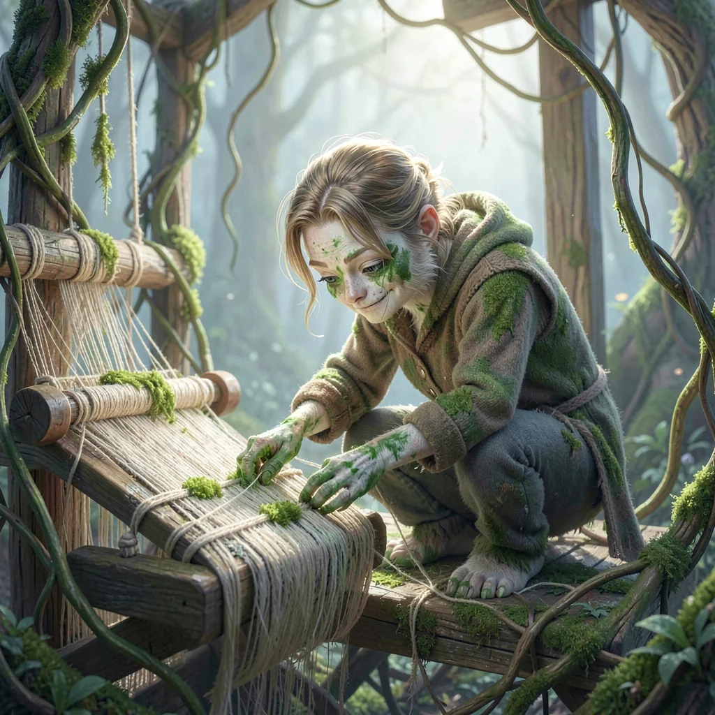 A mossweaver crouched at a loom of living vines, fingers green-stained, threads 