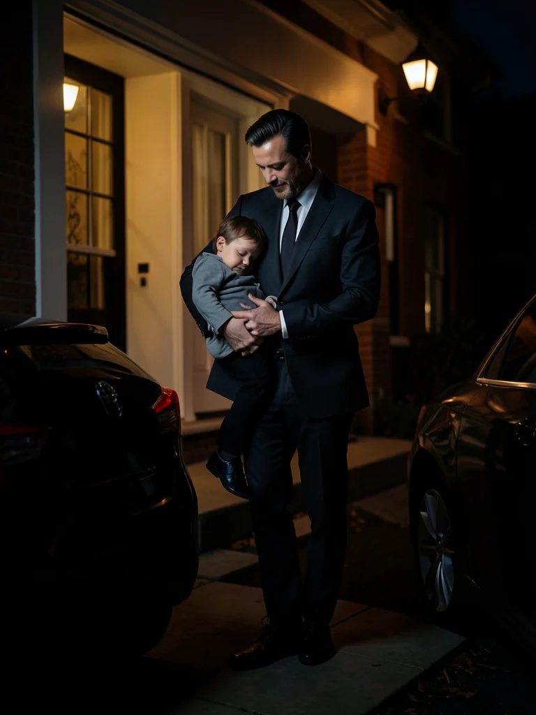 Father carrying sleeping child from car to house, nighttime, porch light