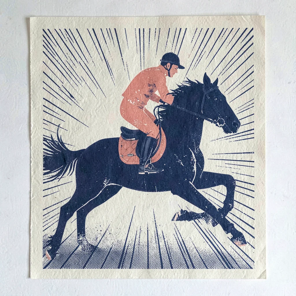 Bold two-color riso poster of a galloping horse silhouette with jockey in coral 