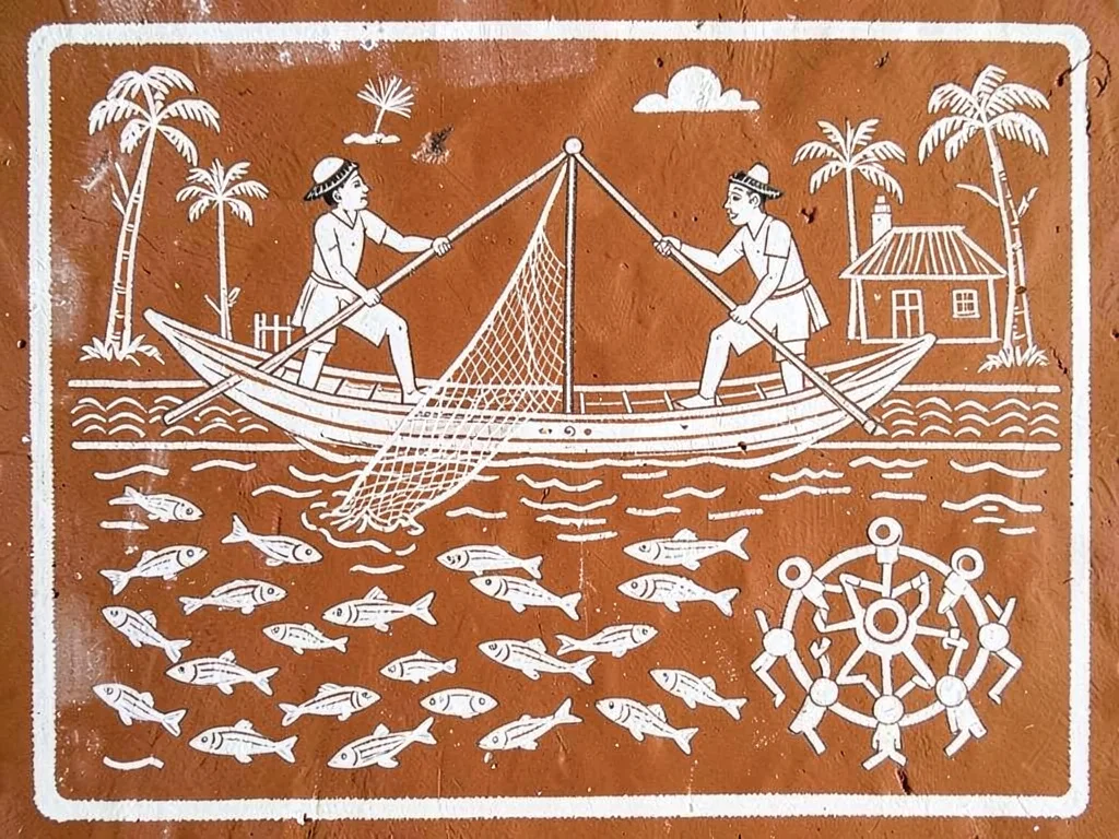 Fishing scene — two figures in a triangular boat casting a net into a river of f