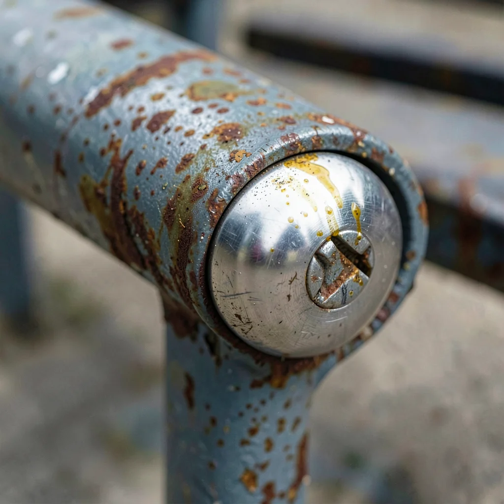 Public bench armrest bolt, stainless dome cap with fingerprint oils