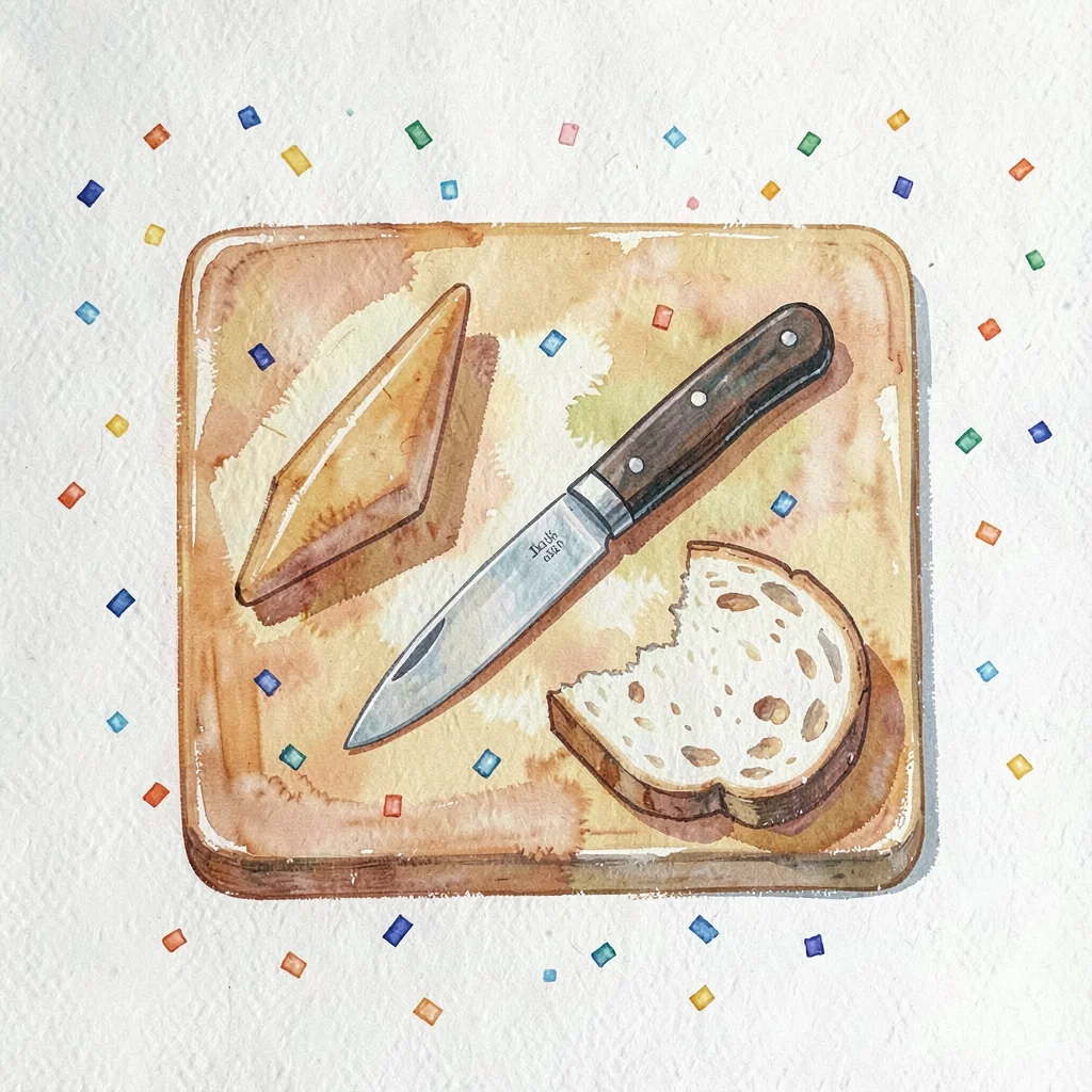 Gouache illustration of a board with a wedge, a folding knife, and a torn slice 