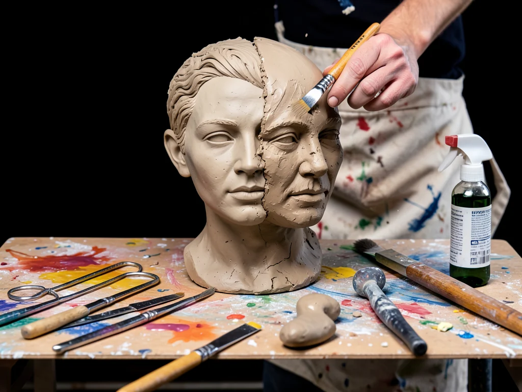 A sculptor's work table with a clay bust in progress, the left side of the face 