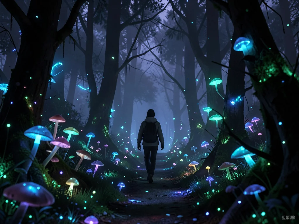 Person walking through bioluminescent forest path, trees and fungi all softly gl