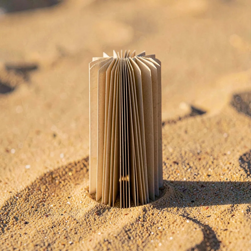 Paolo-paperfold portrait of a folded accordion strip standing upright on warm sa