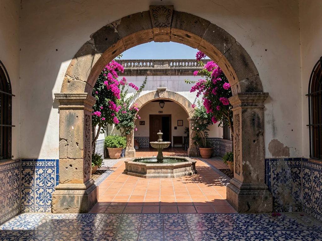Symmetrical Double-Arch Courtyard View