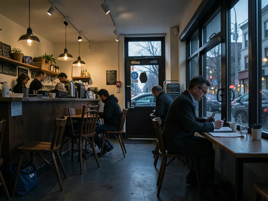 Coffee shop closing, last customer gathering belongings, chairs being stacked