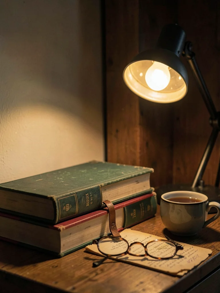 Three stacked books with leather bookmark in lamp light