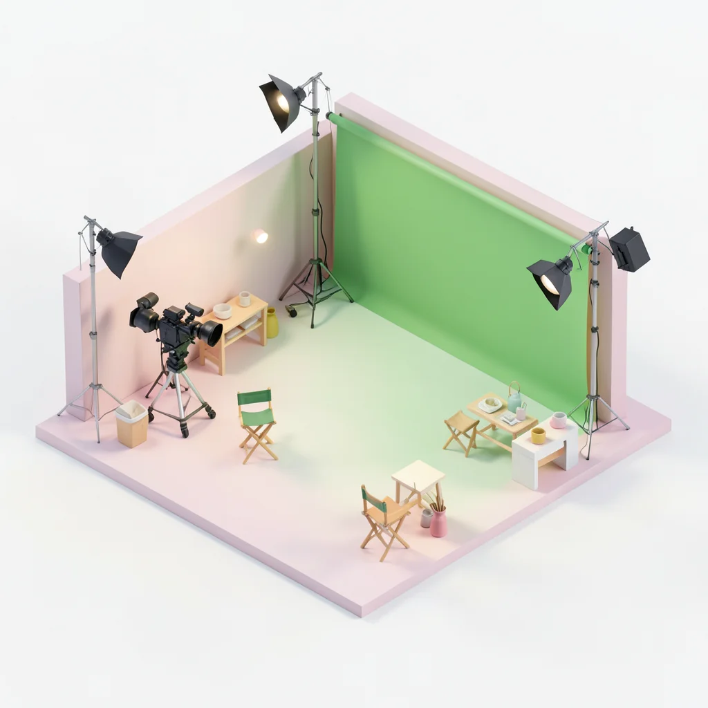 A miniature film studio: sound stage with cameras, green screen, lighting rigs, 