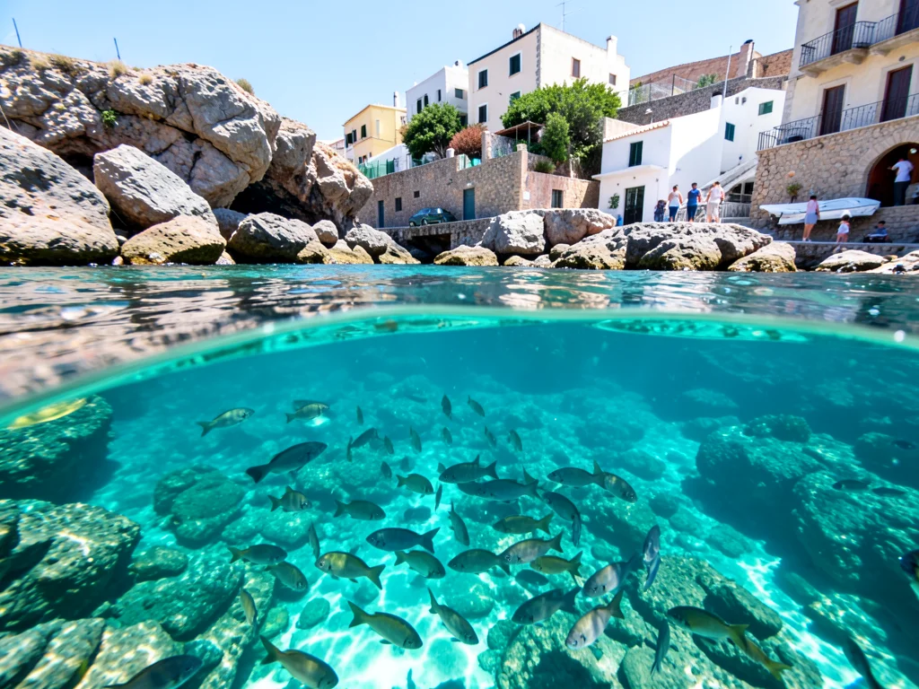 Half above half below: rocky Mediterranean coast with a school of fish below the