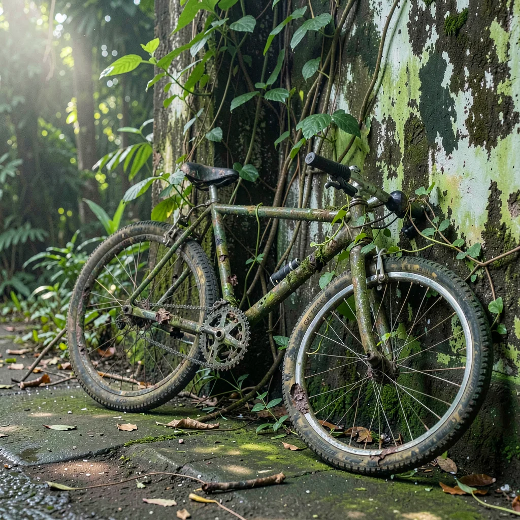 Tropical weathered surfaces, humid atmosphere, A bicycle abandoned against a wal