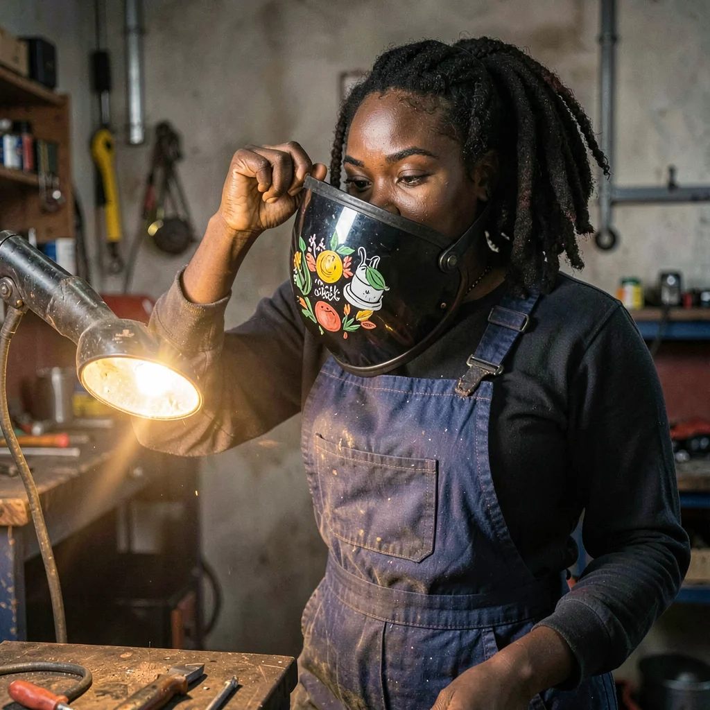 A determined Black welder in her twenties dropping her helmet visor, lamp warmth