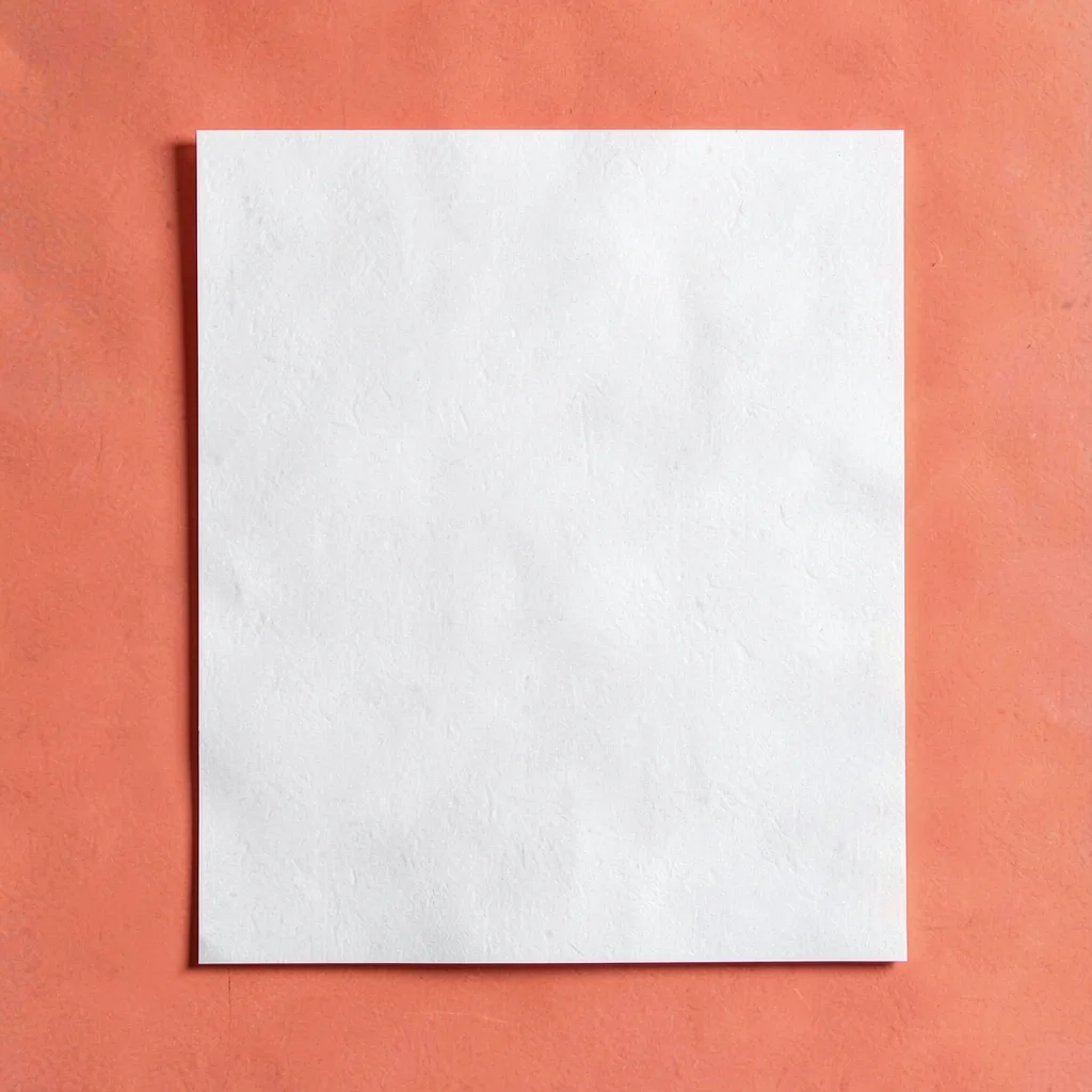 Sharp catalog hero of a single sheet of fine paper centered on a saturated coral