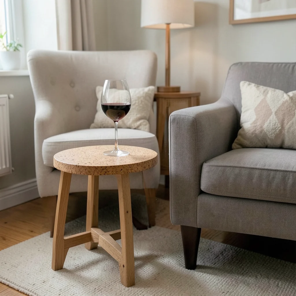 Cork used as side table next to wine glass armchair, tiny living room