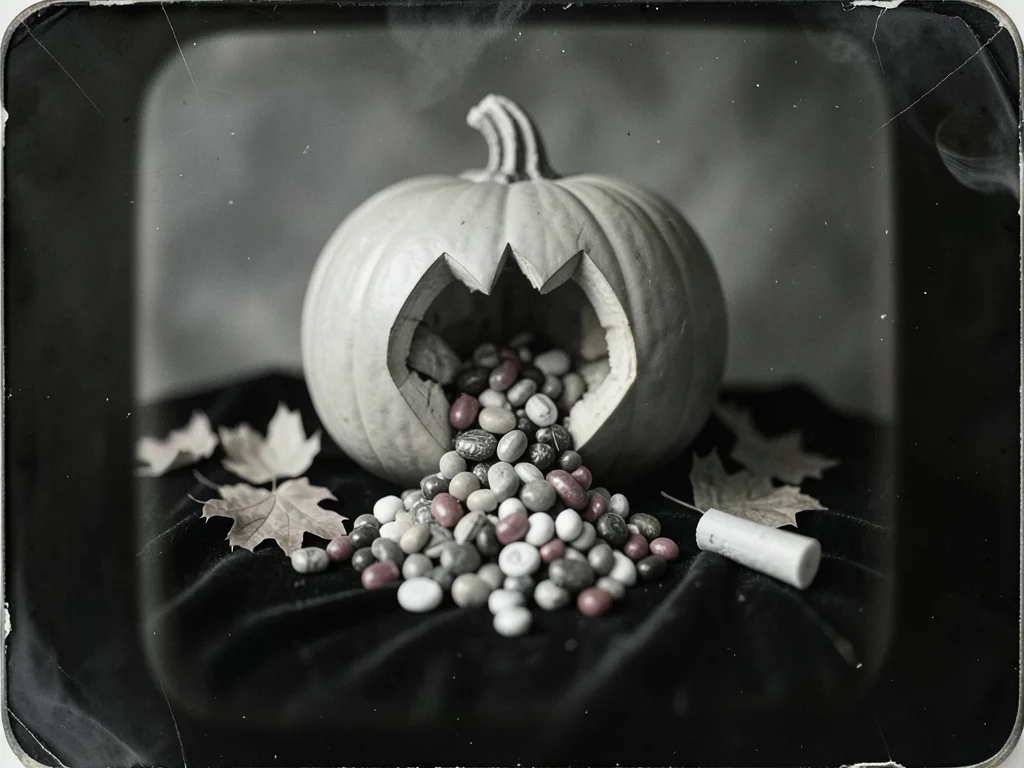 A pile of Halloween candy spilling from a carved pumpkin onto black velvet with 