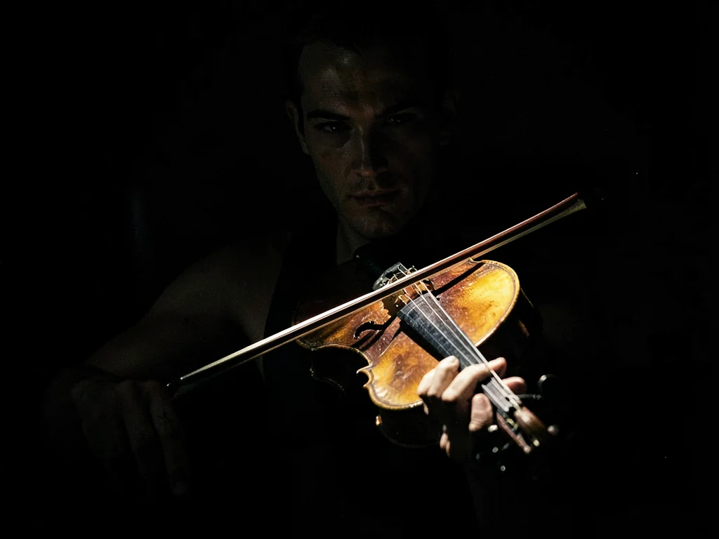 Violin and bow in pool of light