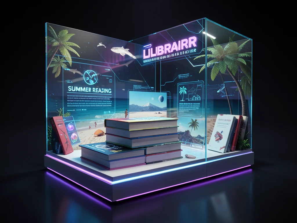 Library summer reading display with beach-themed decorations, book stack