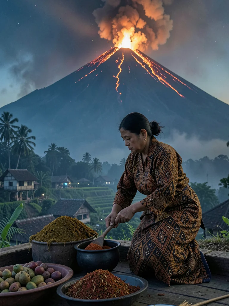 Javanese woman grinding spices in batik