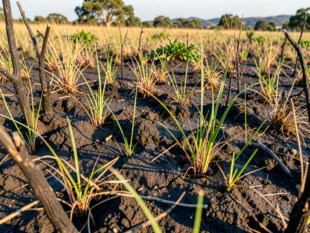 Burned grassland with new blades pushing through ash