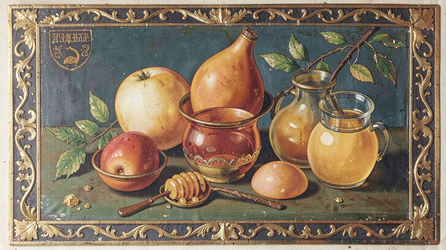Egg tempera illustration, figs and honey arrangement , yolk-bound pigment, gold 
