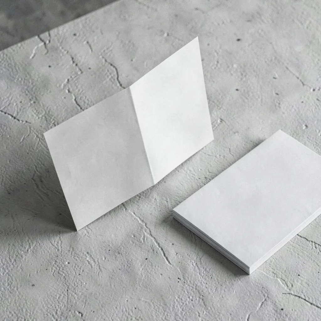 A trifold pamphlet mockup unfolded on a textured tabletop beside two folded copi