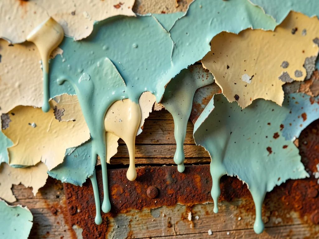 Multiple paint drips fossilized under subsequent layers, each drip run captured 