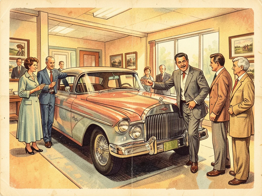 A car showroom with a gleaming finned automobile, a salesman gesturing to the fe