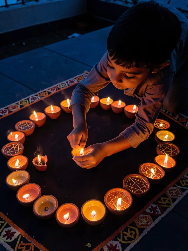 Child Placing Final Diya to Complete Circle