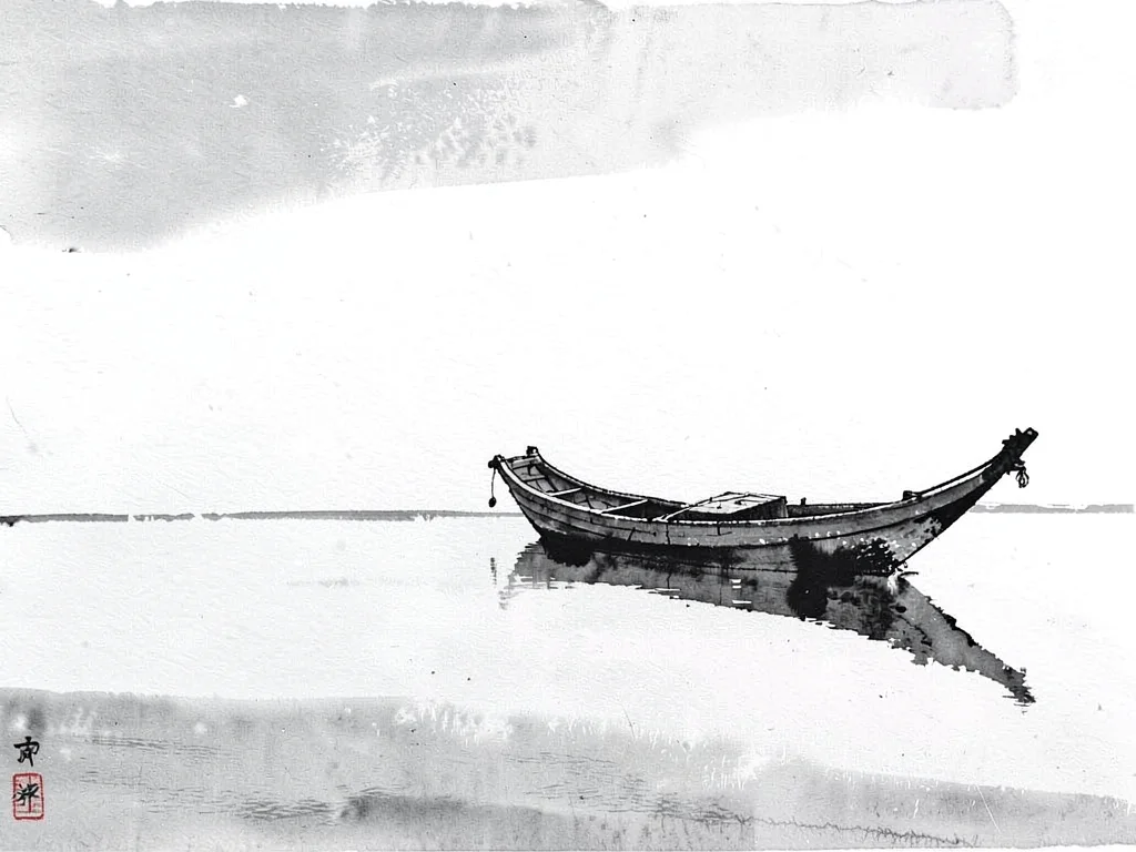 Boat on calm water, only hull and reflection visible, sky unmarked