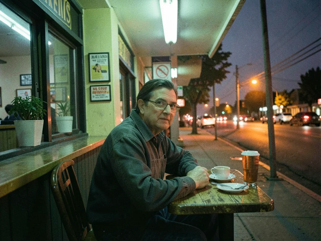 Last patron at a closing diner, fluorescent light mixing with sodium street glow