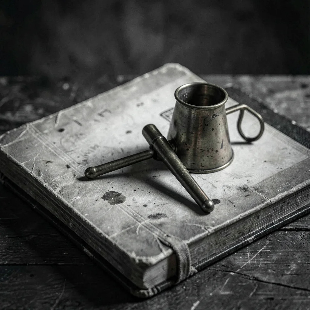 Charcoal study of a brass funnel and dropper resting on a worn ledger, single dr