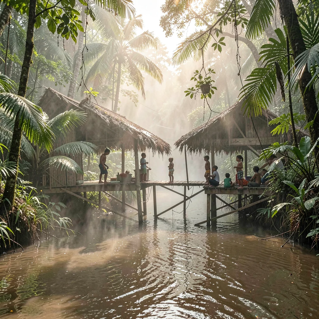 Tropical rainforest photograph, humid jungle atmosphere, A river community on st