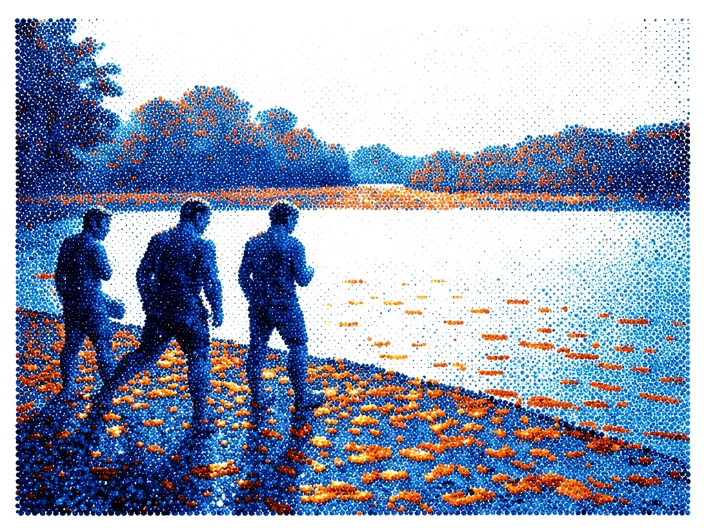 Bathers at a riverbank — figures as dot silhouettes, water as shimmering blue-or