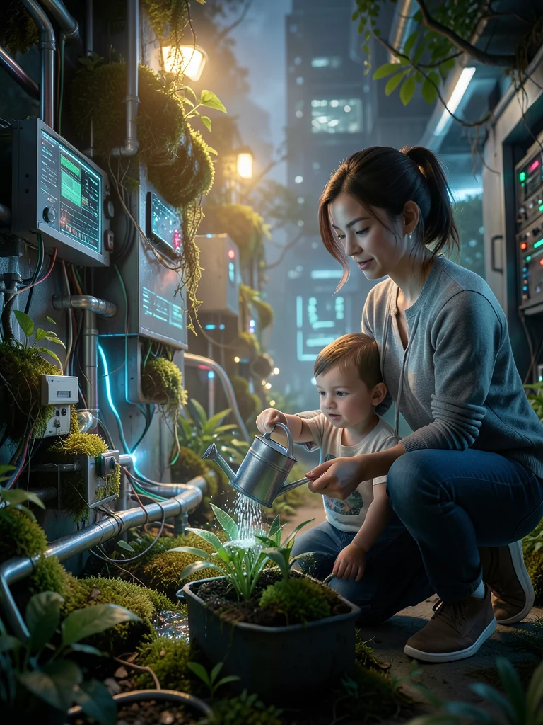 Mom showing child how to water plants with small watering can