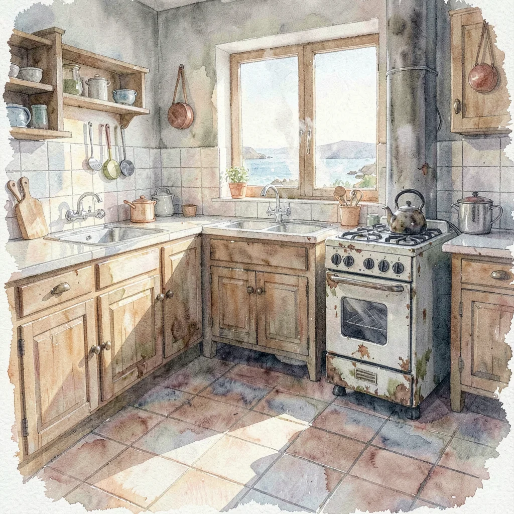 Watercolor of a Galician coastal kitchen at early morning, light spilling sidewa
