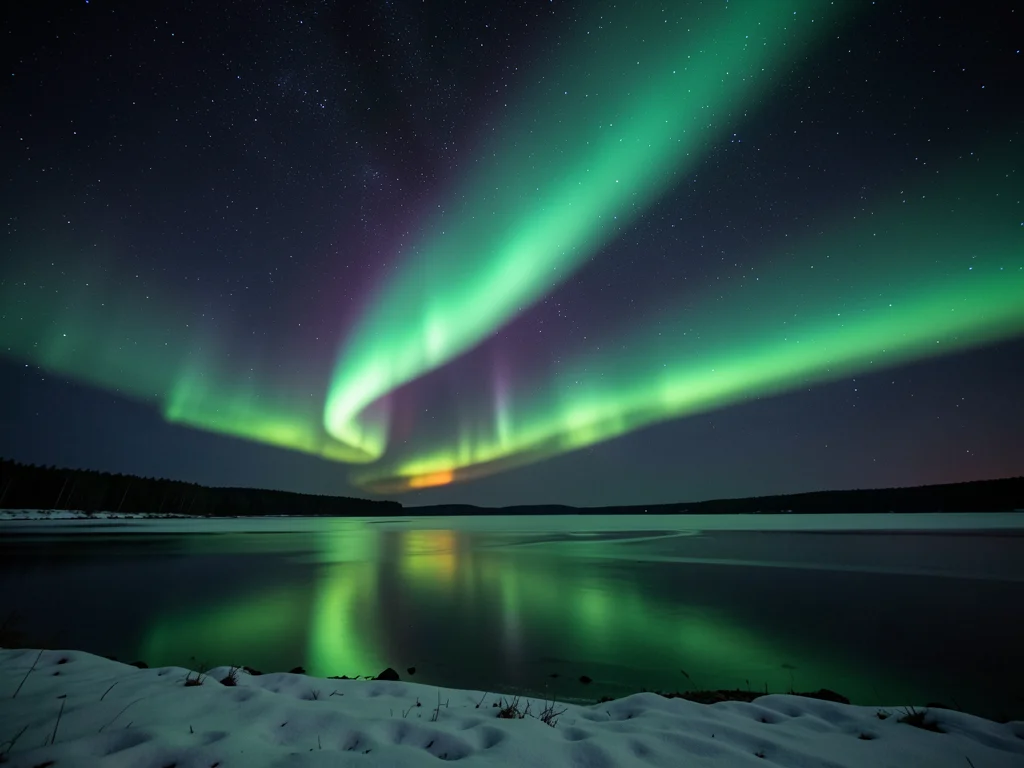 Green aurora arc over frozen lake, perfect reflection doubling the luminous band