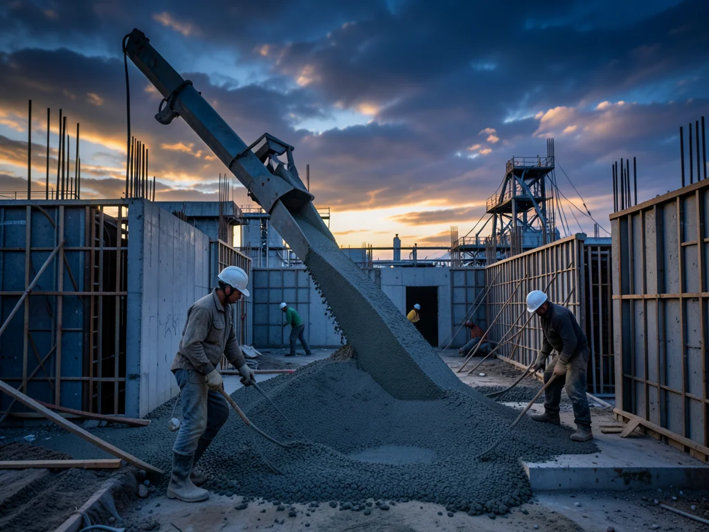 A concrete pour in progress: the chute delivering grey concrete, workers spreadi